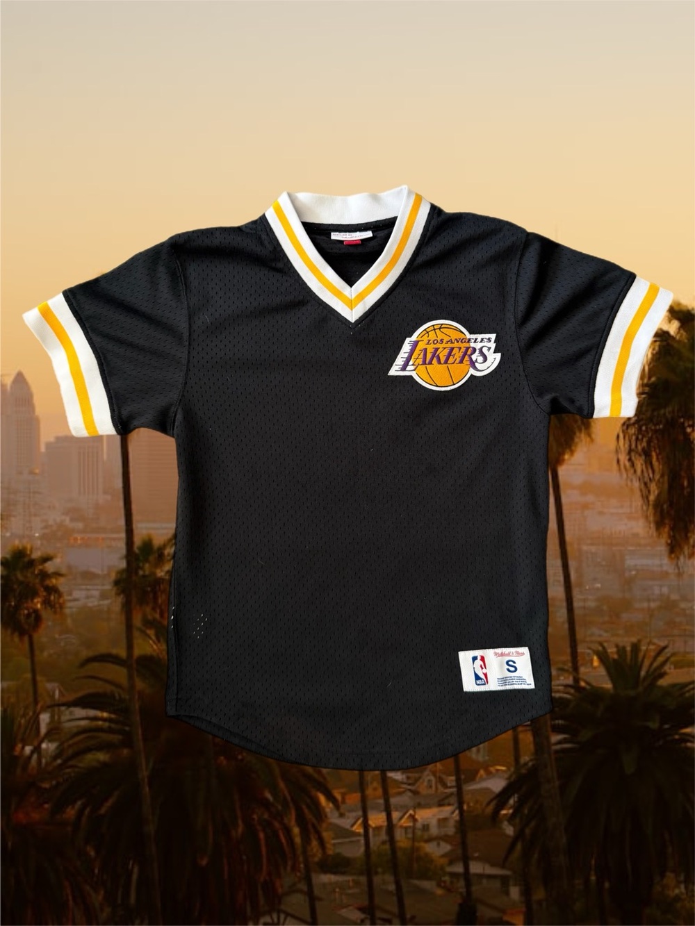 NWOT Official Mitchell & Ness Los Angeles Lakers Mesh V-Neck Black Jersey - Sm